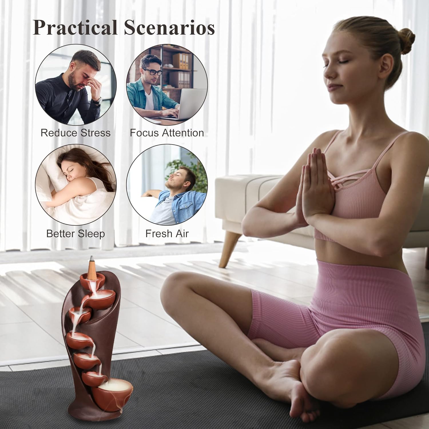 Waterfall Incense Holder Backflow Incense Burner with 20 Incense Cones,Tweezer and Mat Spiral Incense Waterfall Smoke Fountain for Home Office Yoga Aromatcherapy Spas（Torch Shape）