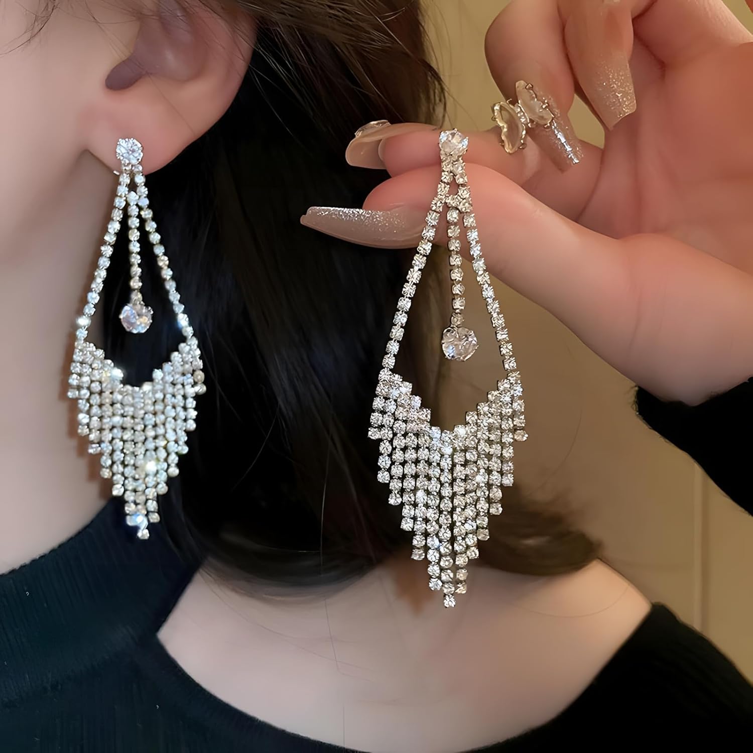 Rhinestone Tassel Earring for Women Bling Crystal Long Dangle Earring Sparkly Bridal Wedding Diamond Chandelier Earrings - Image 2