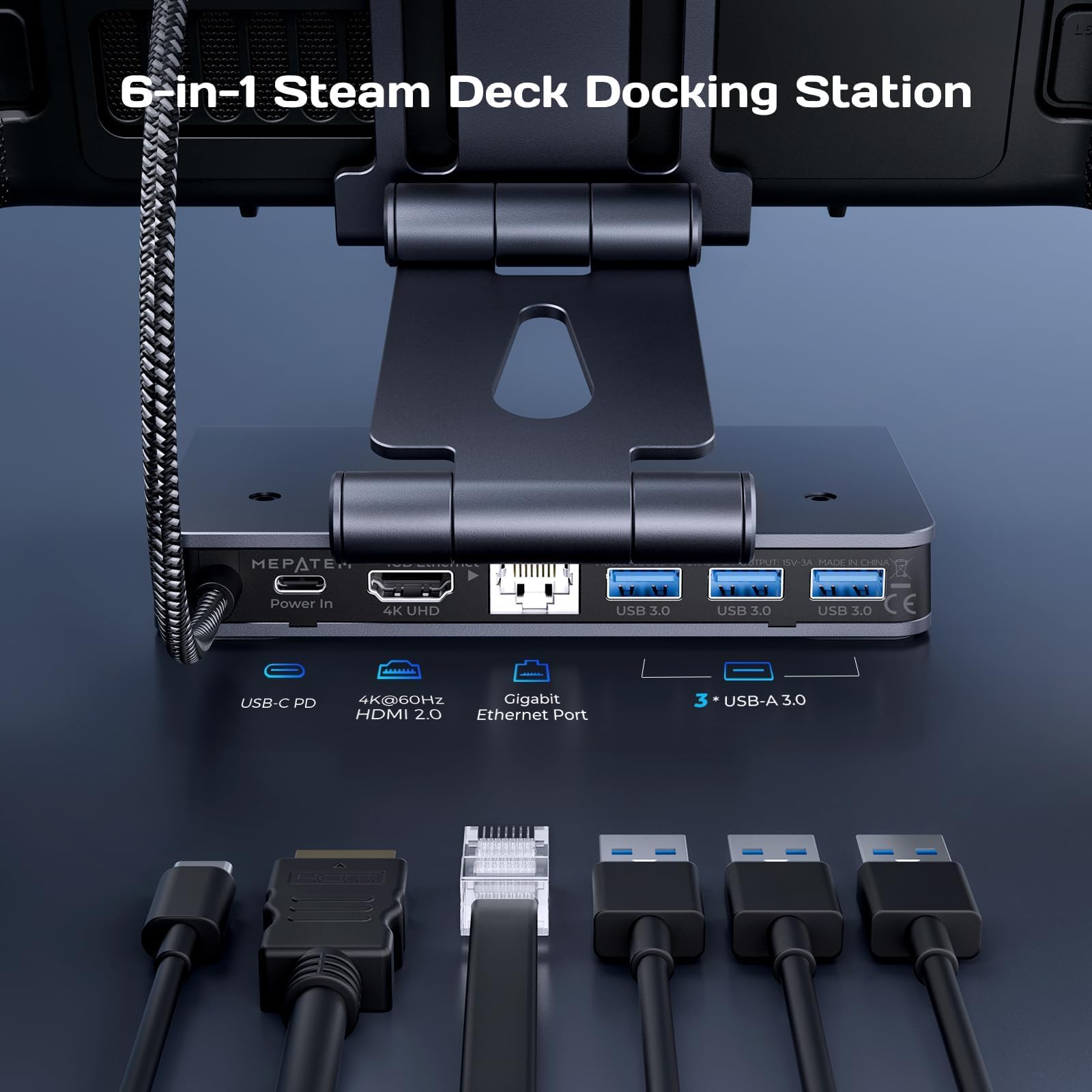 Docking station Steam Deck Dock: supporto regolabile 6 in 1 Hub Stream Deck Accessori con HDMI 2.0 4K @ 60Hz TV/1Gb Ethernet/3* USB-A 3.0/PD 3.0 Ricarica rapida per Steam, iPad, altri smartphone nero