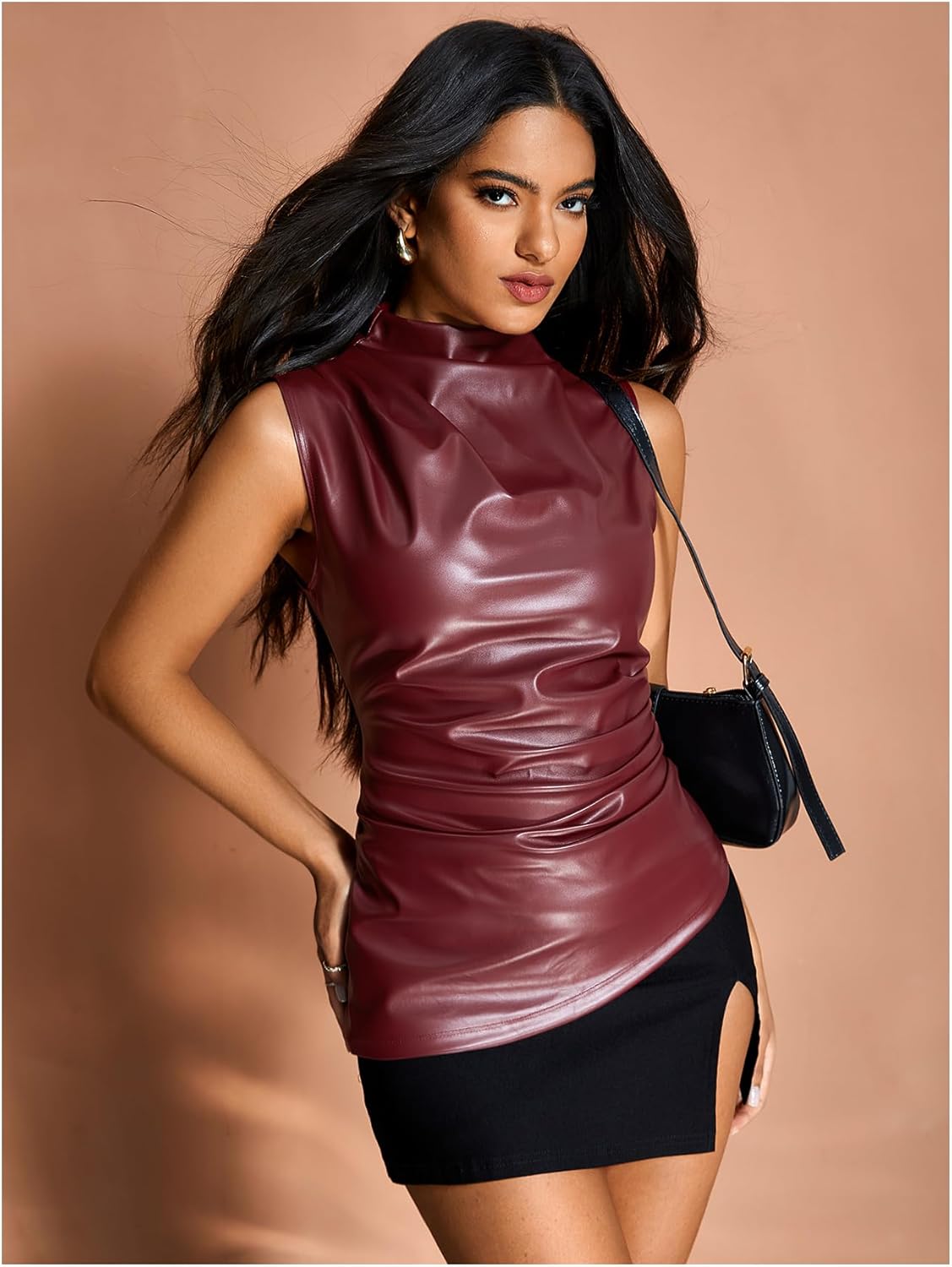 MakeMeChic Women's PU Leather Tank Top Mock Neck Y2k Ruched Party Sleeveless Leather Tops - Image 4