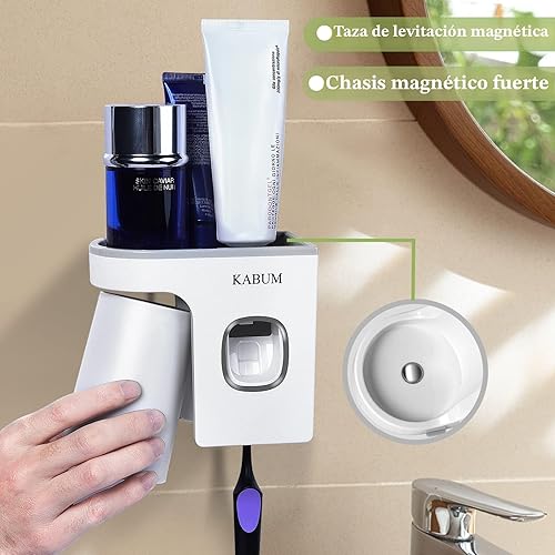 Miniatura 3 de Soporte para cepillos de dientes para baños, dispensador de pasta de dientes, taza azul, exprimidor automático de pasta de dientes montado en la