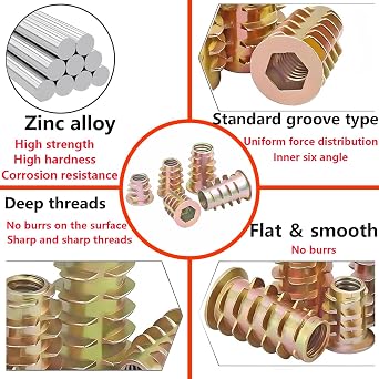 QRITY 20 Pcs Zinc Alloy Threaded Insert Nuts, M6 x 15mm, Hex Socket Drive, Woodworking