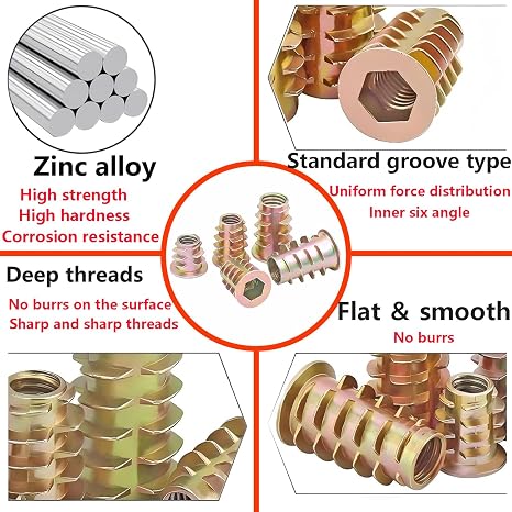 QRITY 20 Pcs Zinc Alloy Threaded Insert Nuts, M6 x 15mm, Hex Socket Drive, Woodworking