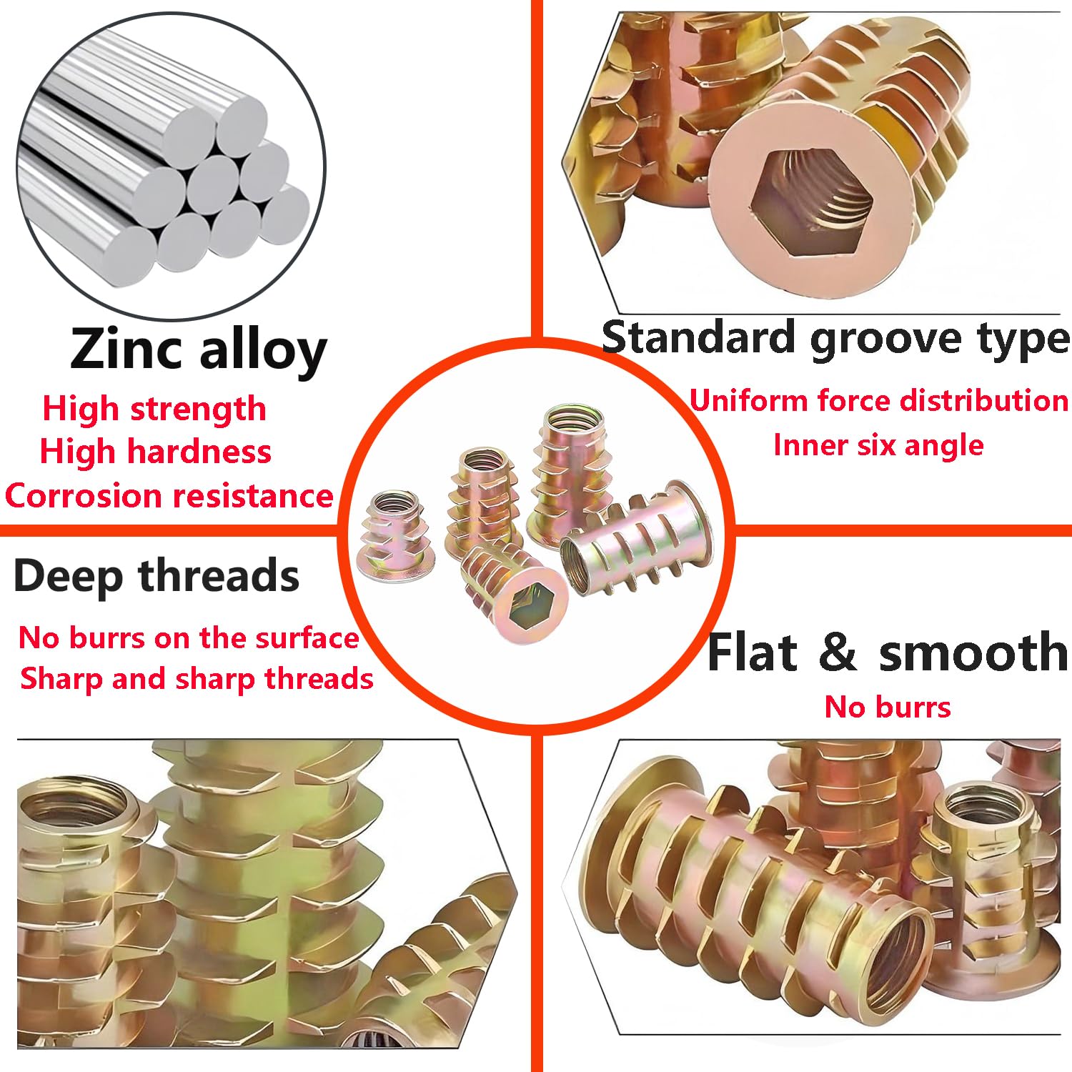 Qrity Dadi a Testa Esagonale Filettati in Lega di Zinco, 20 Pezzi M8 x 13mm Dadi con Inserto Filettato, Dadi Filettati per Legno per Mobili