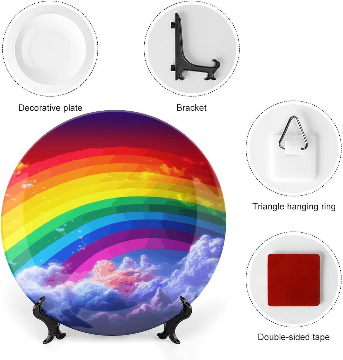 Rainbow Ceramic Decorative Plate for Home, Bone China Plates | Chinese Style Decorative Dish with Stand, Dinner Plates Art Crafts for Wall Decor, Collections Plate with Hook 6inch