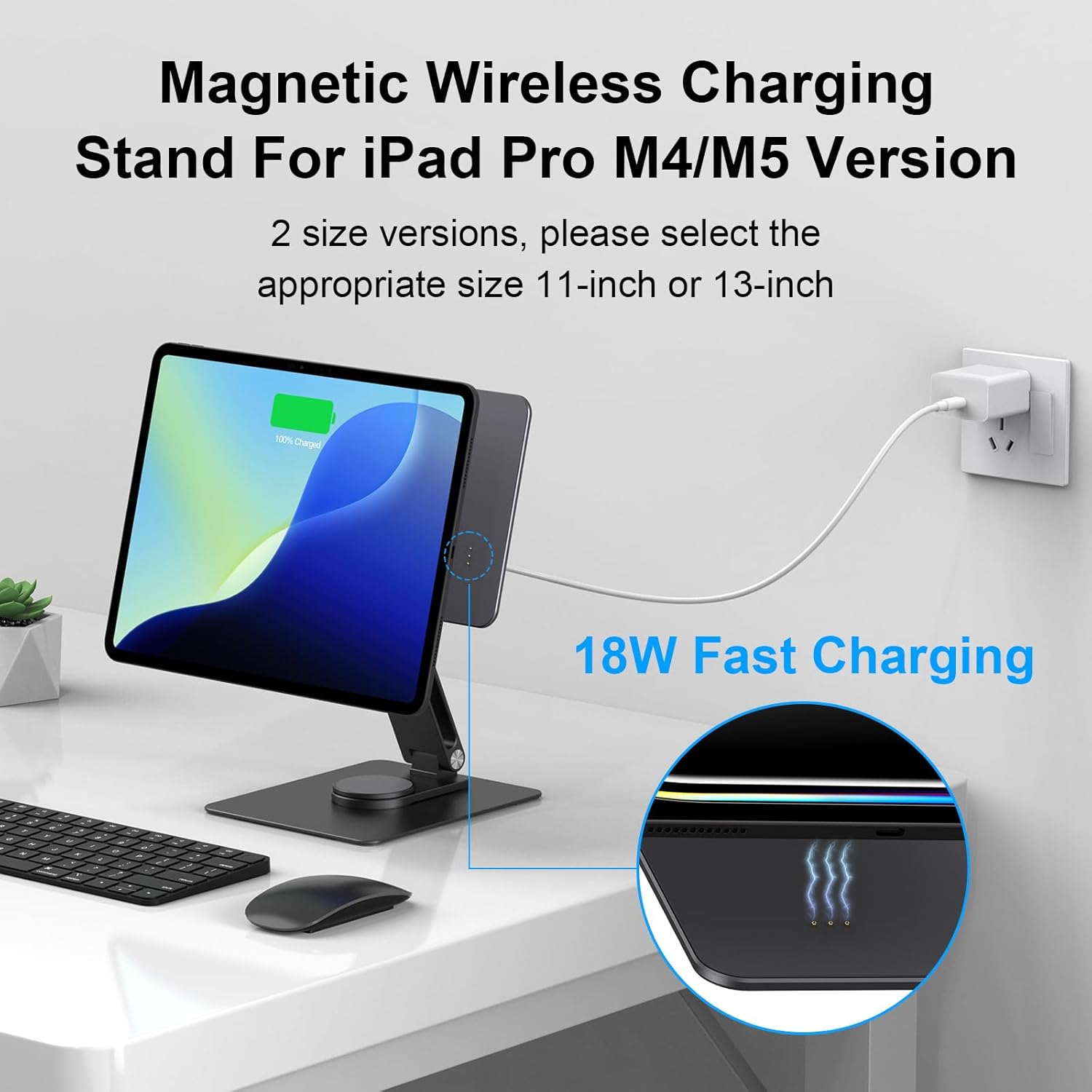 Magnetic iPad Pro M4&M5 11-inch Stand with Wireless Charging 18W, 360° Rotating Aluminum Tablet Holder for iPad Pro M4/M5 11-inch, Adjustable Desk Mount Series (M4/M5-11inch)
