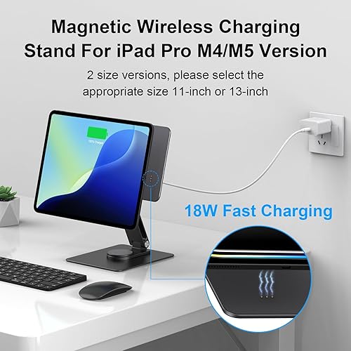 Miniatura 2 de Magnetic iPad Pro M4/M5 13-inch Stand with Wireless Charging 18W, 360° Rotating Aluminum Tablet Holder for iPad Pro M4/M5 13-inch, Adjustable Desk