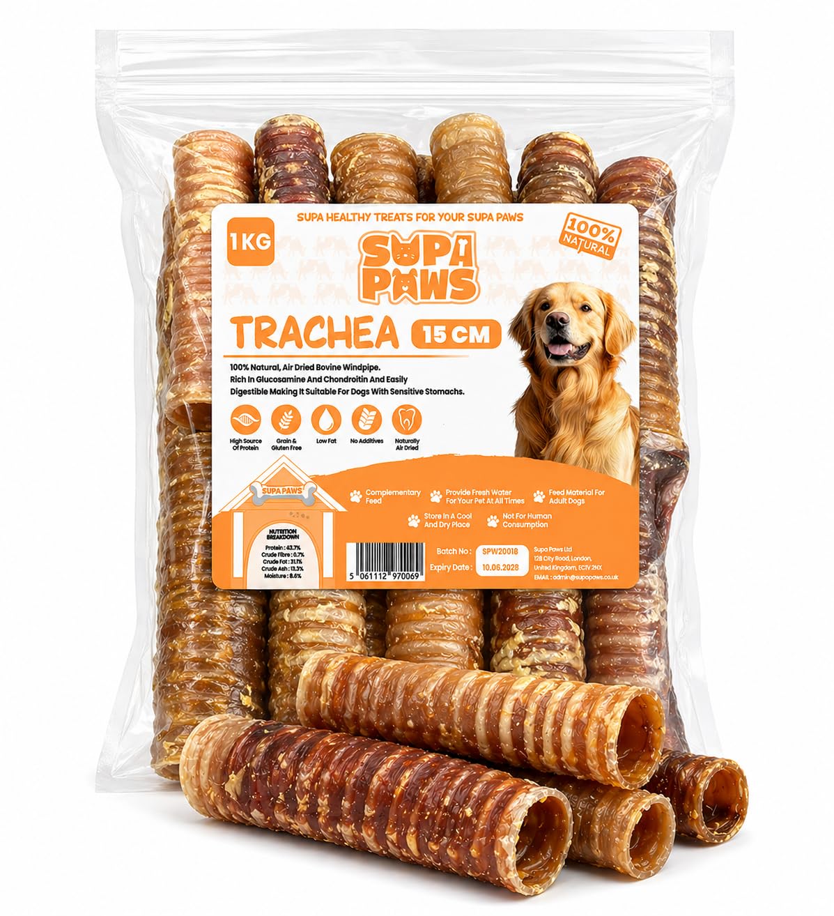 Supa Paws 1Kg Beef Trachea for Dog (24-30 Pcs) 15cm Windpipe 100% Natural Pet Treats Chews Air Dried Dog Snacks Sticks, Long-Lasting Healthy Dental Dog Chews 1 Kilo