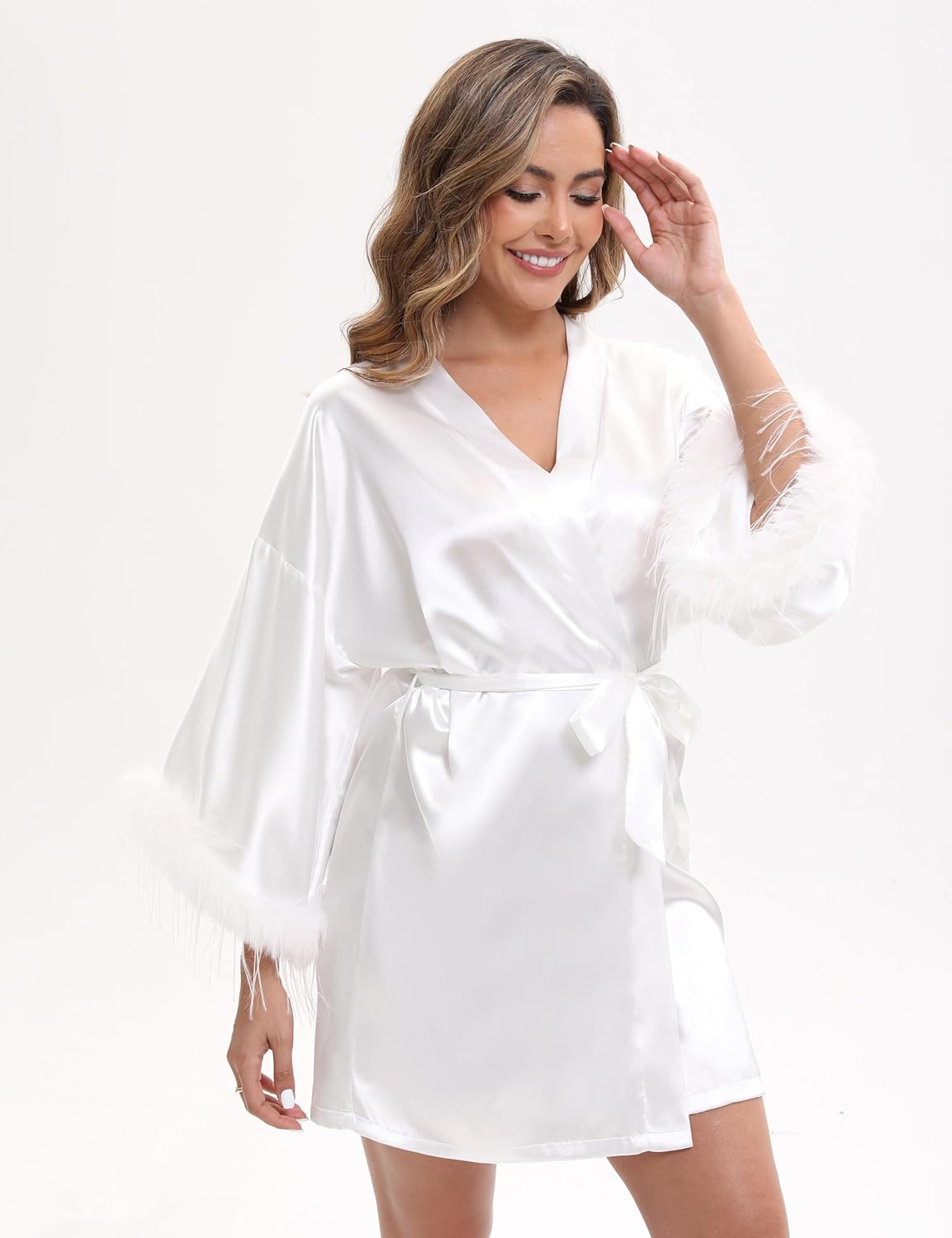 EPLAZA Bride Robe for Wedding Day Bridal Robes Feather Trim Satin Silk Robes Women Bachelorette Party Getting Ready Outfits - Image 5