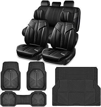 CAR PASS Nappa Leather Seat Covers for Cars, 5 Seats Universal Waterproof Full Set Car Seat Cover, Heavy Duty Rubber Car Mats Fit for Most Cars SUV Truck Sedan Automotive All Black