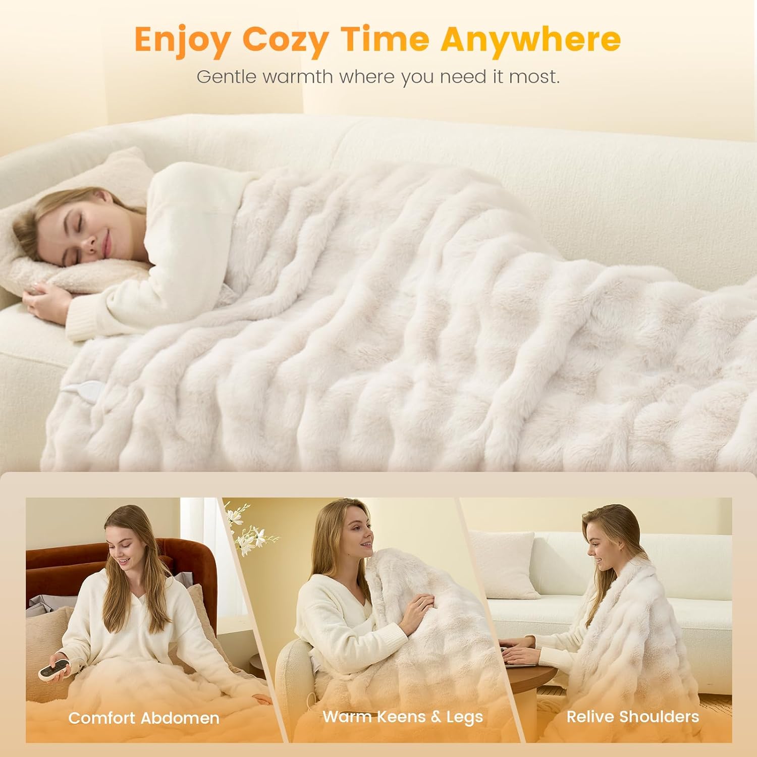 Amélie Home Heated Bubble Faux Fur Blanket Electric - 50"x60" Heating Blanket Throw 2/4/6/8 Hours Auto-Off 8 Heat Level Over-Heat Protection Electric ETL Certification Beige/Off White - Image 6