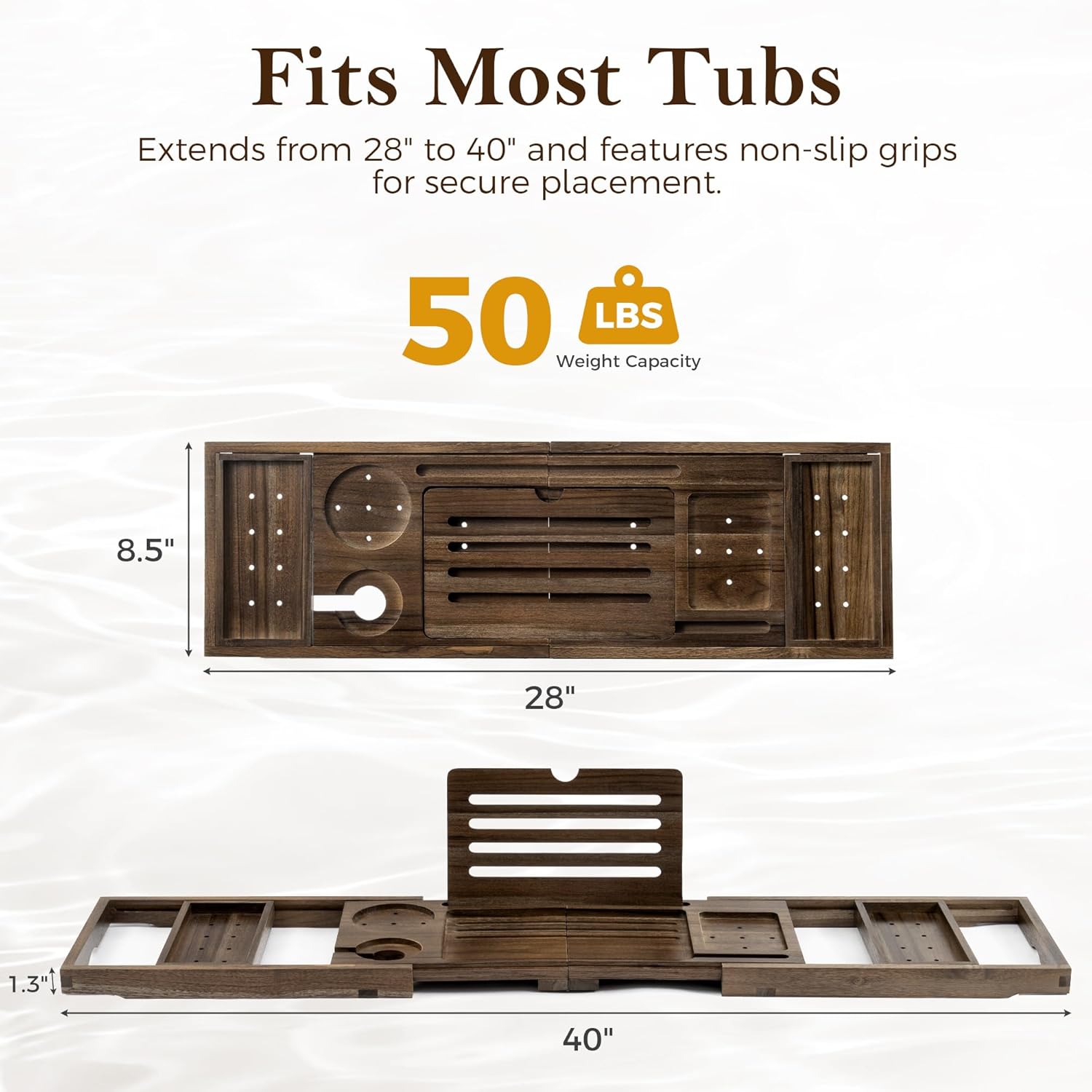 Fun Memories Teak Bathtub Tray for Tub – Adjustable Bath Caddy with Wine Glass Holder, Phone Dock & Book Stand – Solid Bath Tub Tray Wood – Dark Walnut Finish
