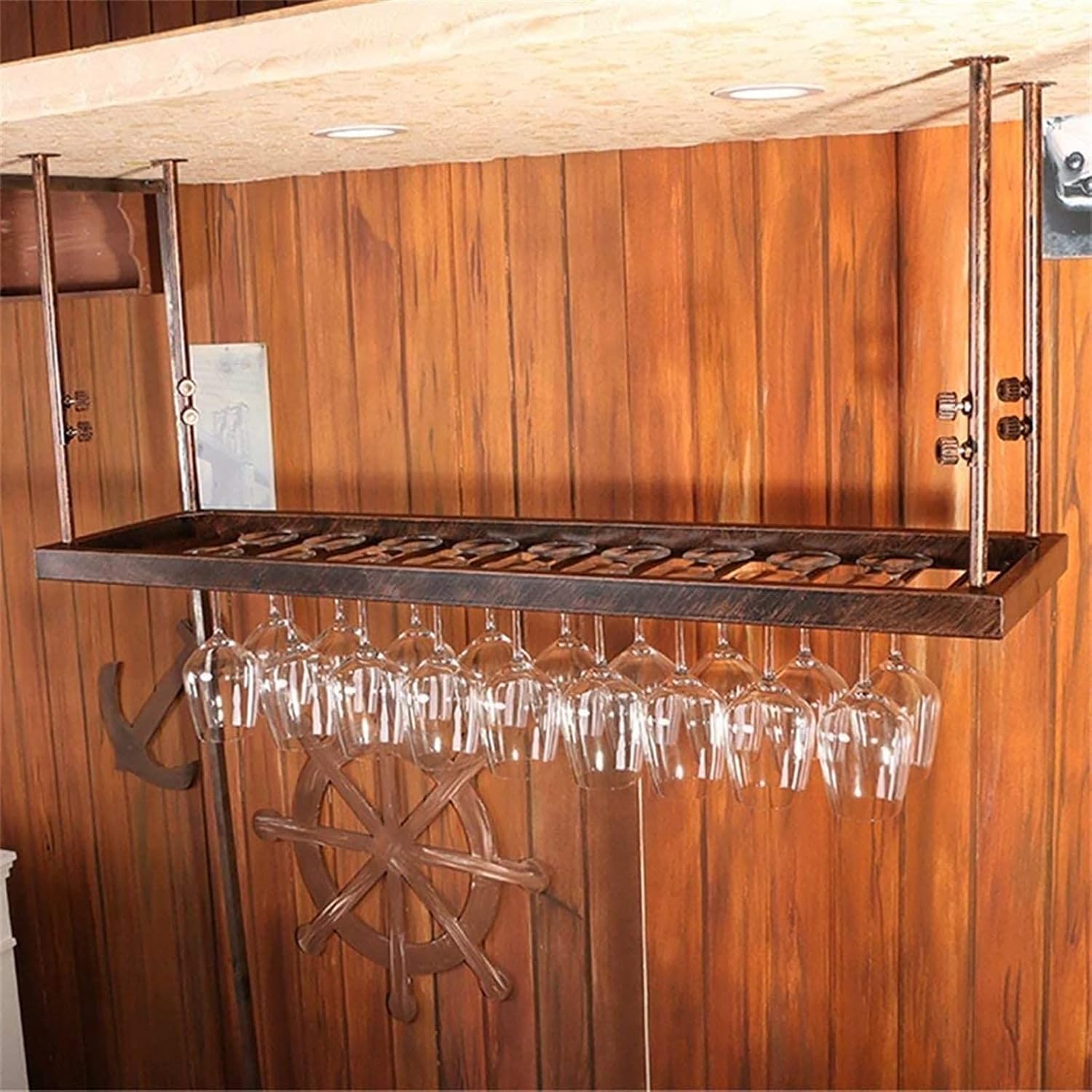 Hanging Wine Glass Holder Rustic Iron Wine Glass Holder,Ceiling Stemware Rack,Adjustable Height,Hanging Wine Glass Rack,Stemware Holder,for Restaurants/Bars