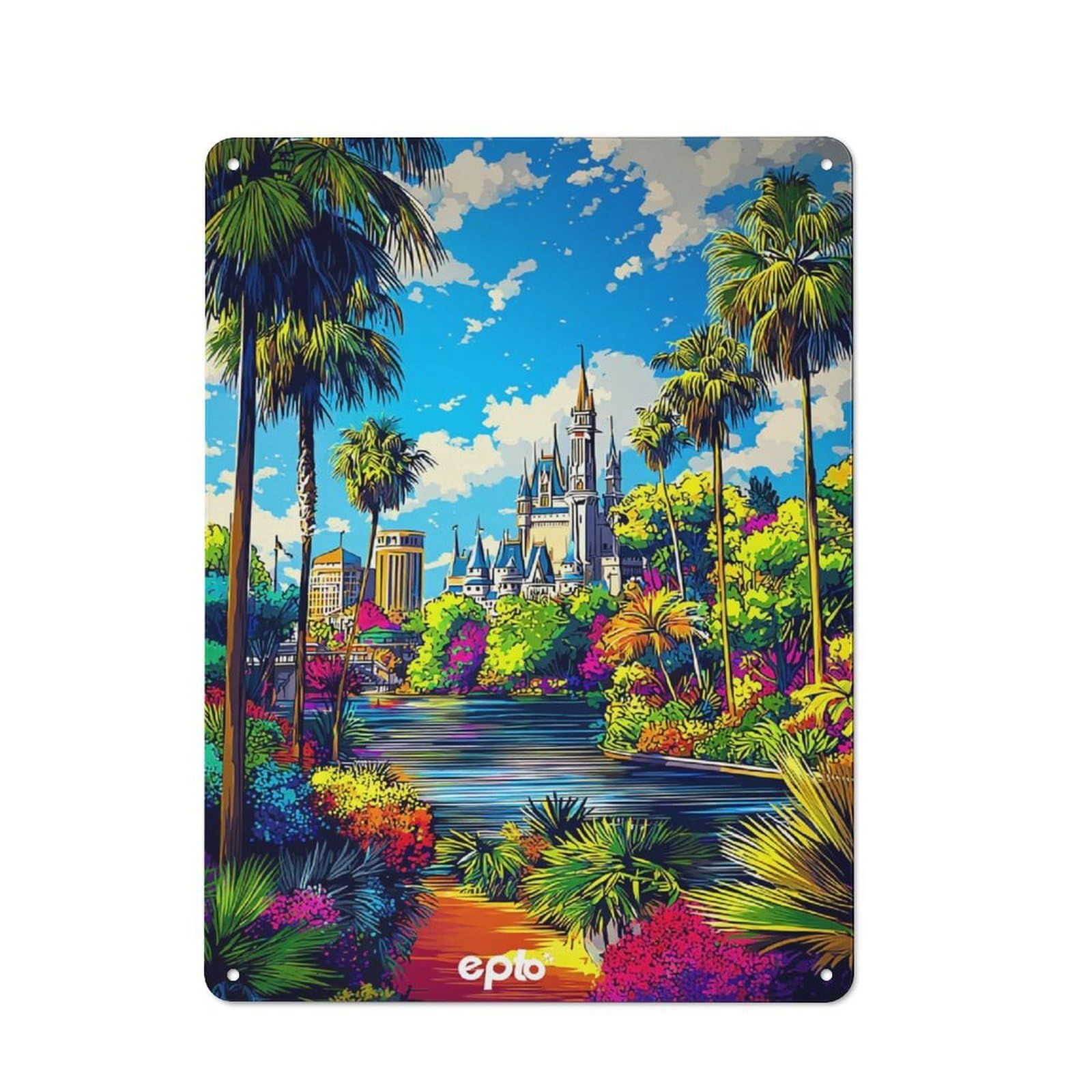 Junmoney Colorful Fantasy Castle Scene Retro Metal Sign With Design 40X30cm, Distressed Look Retro Room Decor For Living Room, Hallway, Kitchen Or Cafe
