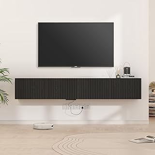 71” Floating TV Stand with LED Lights & Charging Station, Black Wall Mou...