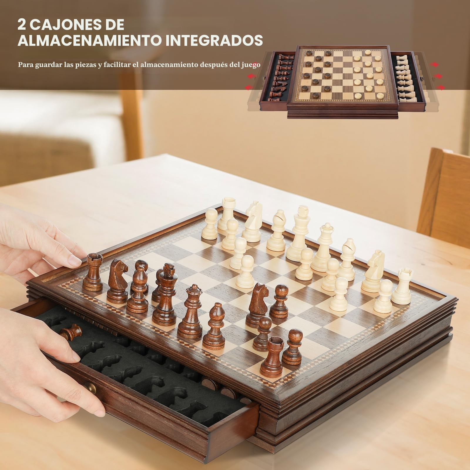 Peradix Ajedrez 2 En 1 Damas de Madera con Cajones,Juego Tablero Ajedrez Magnetico con 2 Reinas, Profesional Chess Board para Niños y Adultos,2 Jugadores(32×32cm)