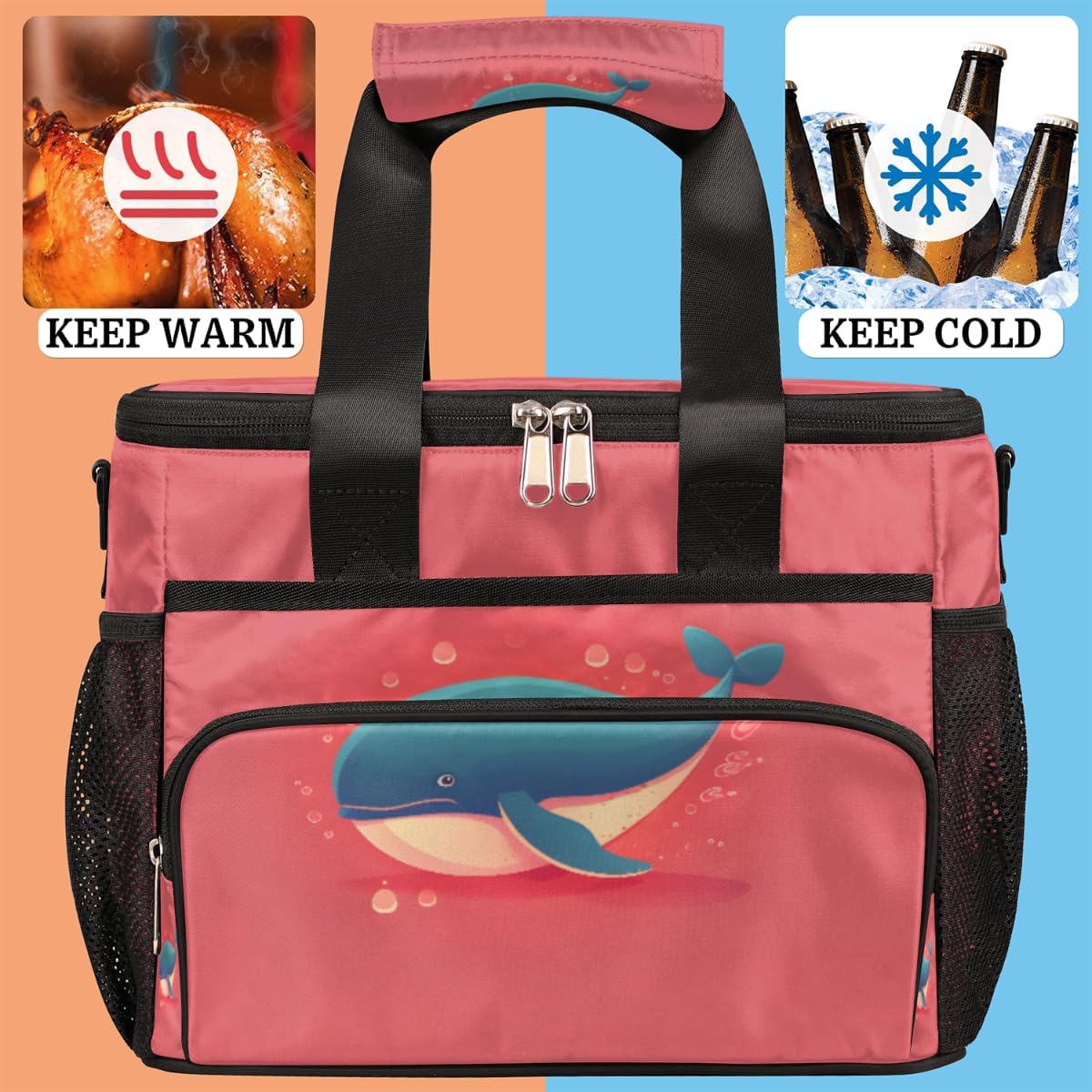 Whale Pinks Insulated Picnic Backpack Lunch Box for Women Men Picnic Basket Tote Lunch Bag Picnic Bag Portable Lunch Bags for Picnic, Beach, Work, Trip,Office, Camp Cute Whale
