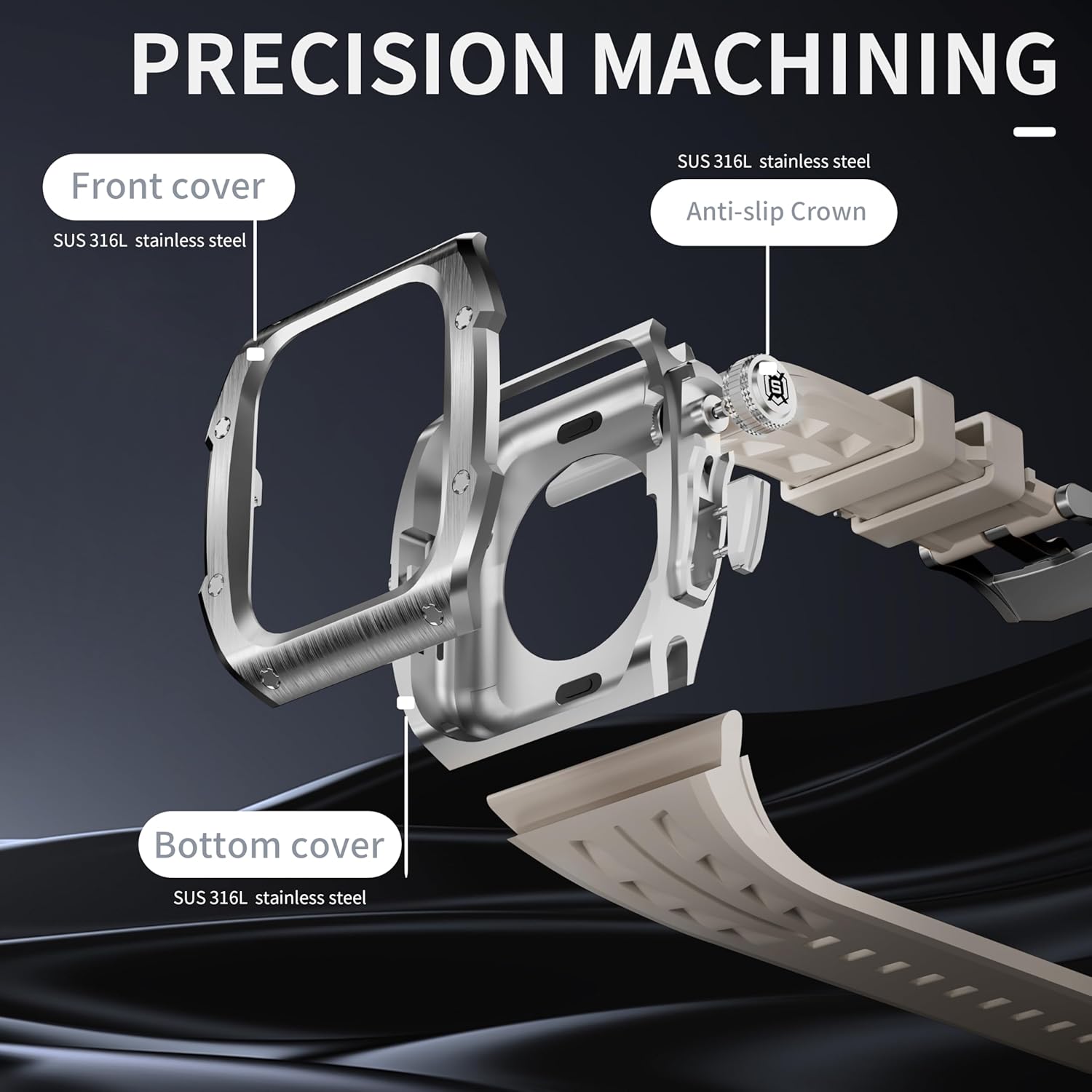 Apple Watch Series 10/46mm Case with Band, [Anti-Scratch] [Bumper Protector] Rugged Men Cover with Adjustable Strap for iWatch S10 Apple Watch Band 46mm Steel, White Strap