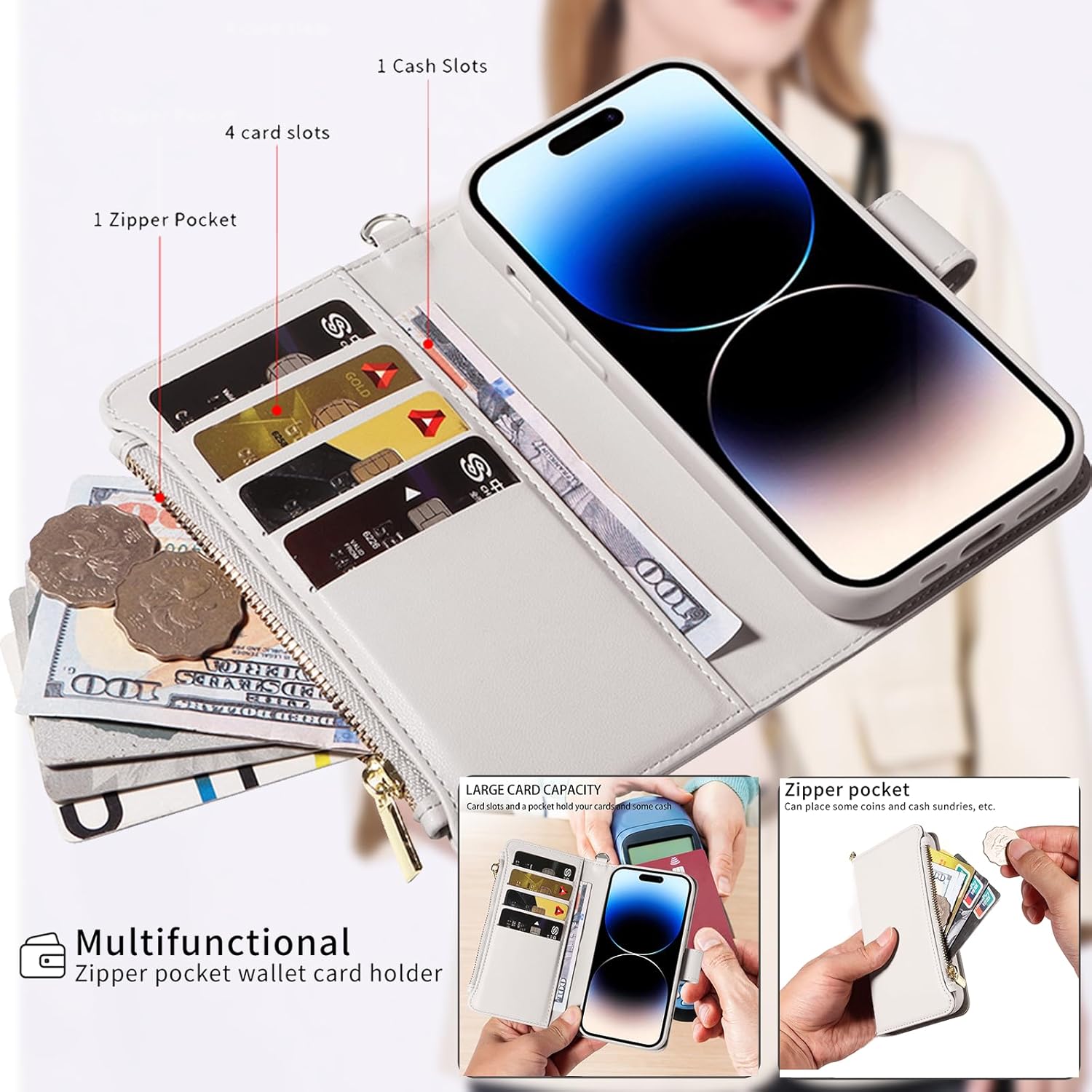 for iPhone 16 Pro Max(6.9 inches) Detachable Wallet Case with Crossbody.Multi-Function 2 in 1 Magnetic Wallet Case with Card Holder.Flip Strap Zipper Phone Case with Shoulder Straps - Image 3