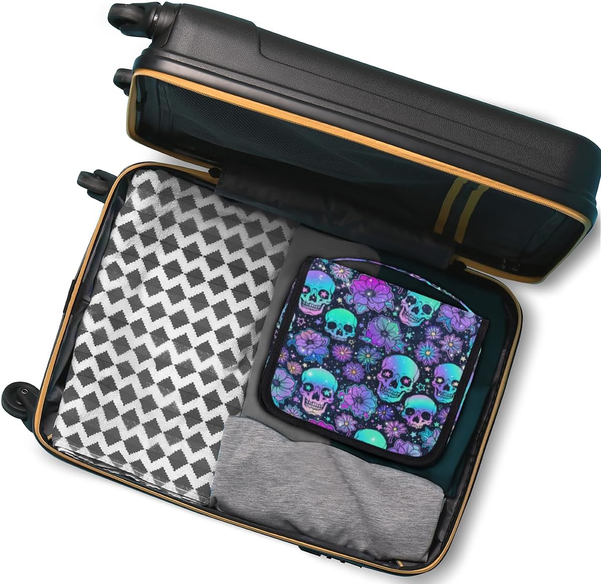 Travel Hanging Toiletry Bag for Women kids, Galaxy Skull Flower Cosmetic Bag Waterproof Makeup Organizer for weekend overnight Bathroom