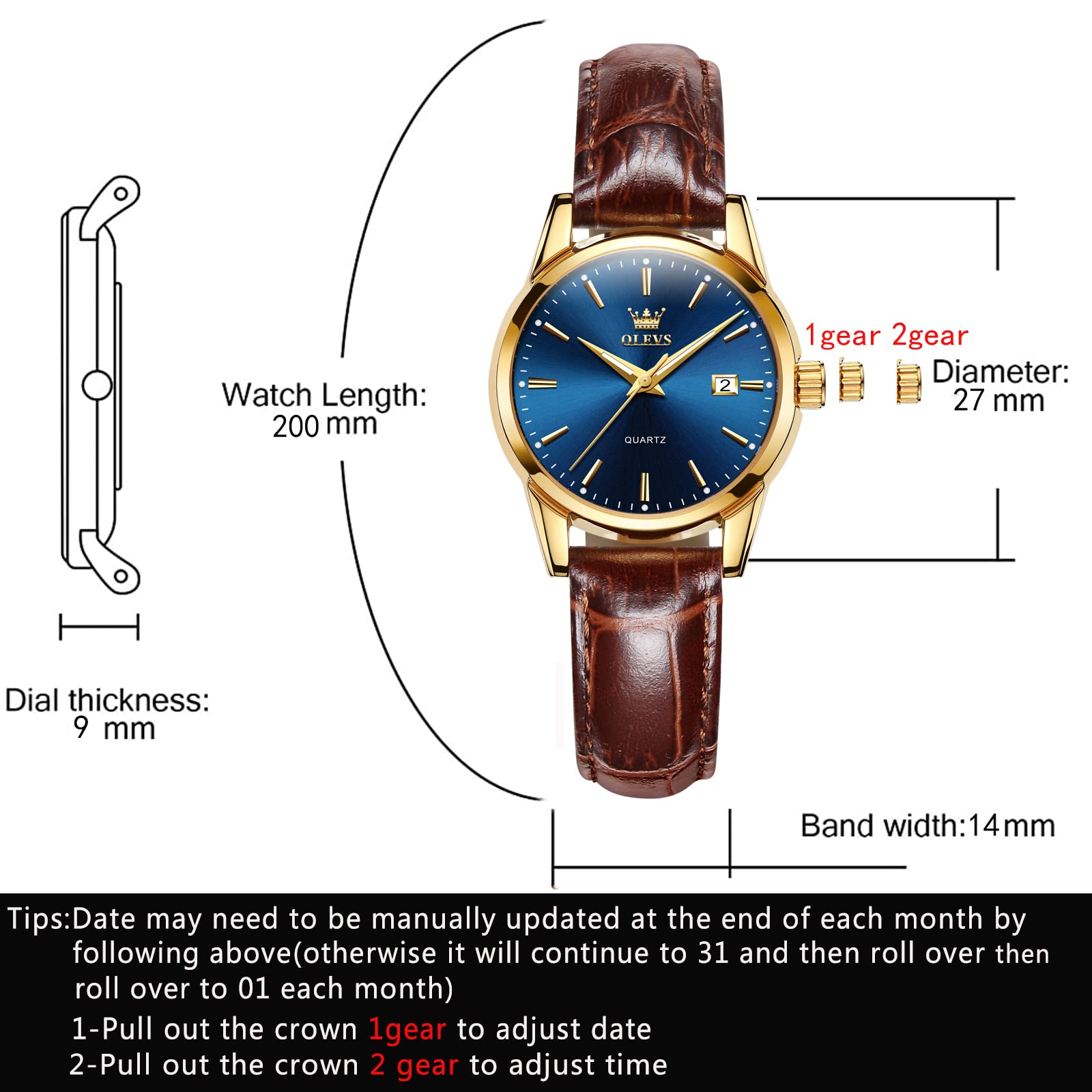 OLEVS Women Leather Watch - Analog Ladies Quartz Watches Luxury Dress Watch for Small Wrists Waterproof with Date Day Function - Reloj para Mujer