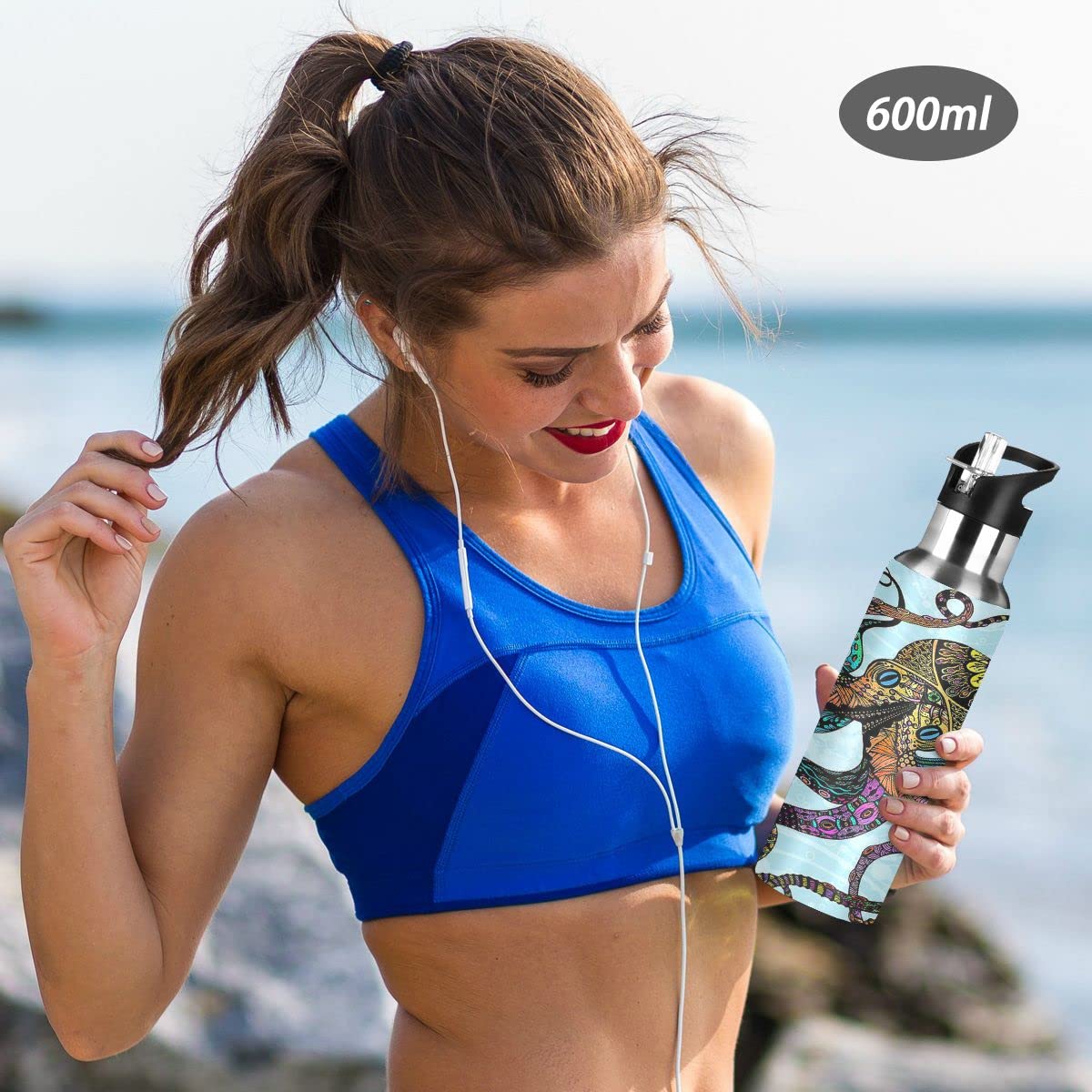 Edelstahl Wasserflasche mit Strohhalm, Octopus isolierte Trinkflasche Sport Wasserflasche für Kinder Erwachsene, auslaufsicher, 1L