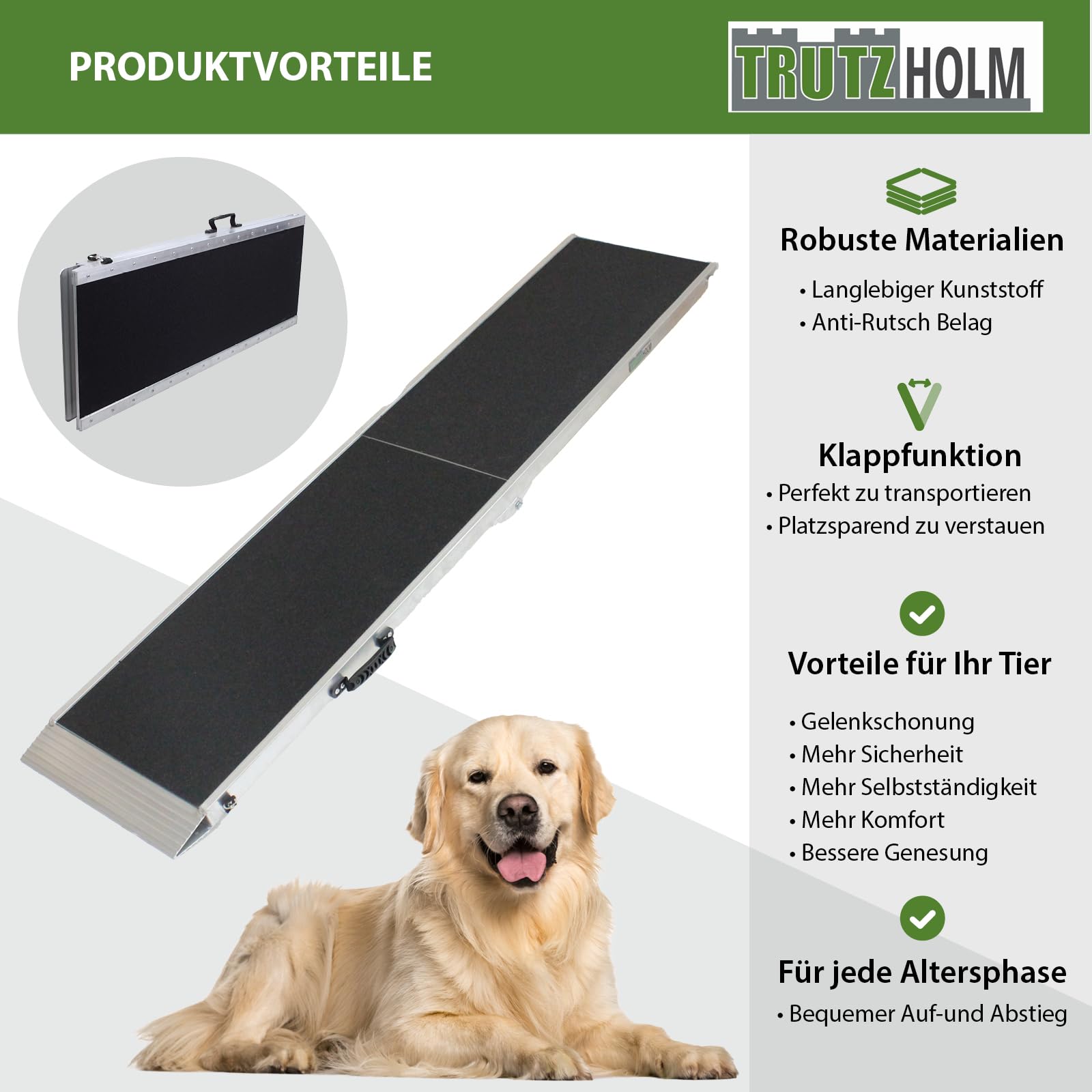 TRUTZHOLM Hunderampe klappbar 183/215 cm Aluminium Tierrampe Tragkraft 180 kg Faltbare Einstiegshilfe für Hunde Rutschhemmende Lauffläche gelenkschonend für große Hunde Auto Kofferraum SUV (215 cm)