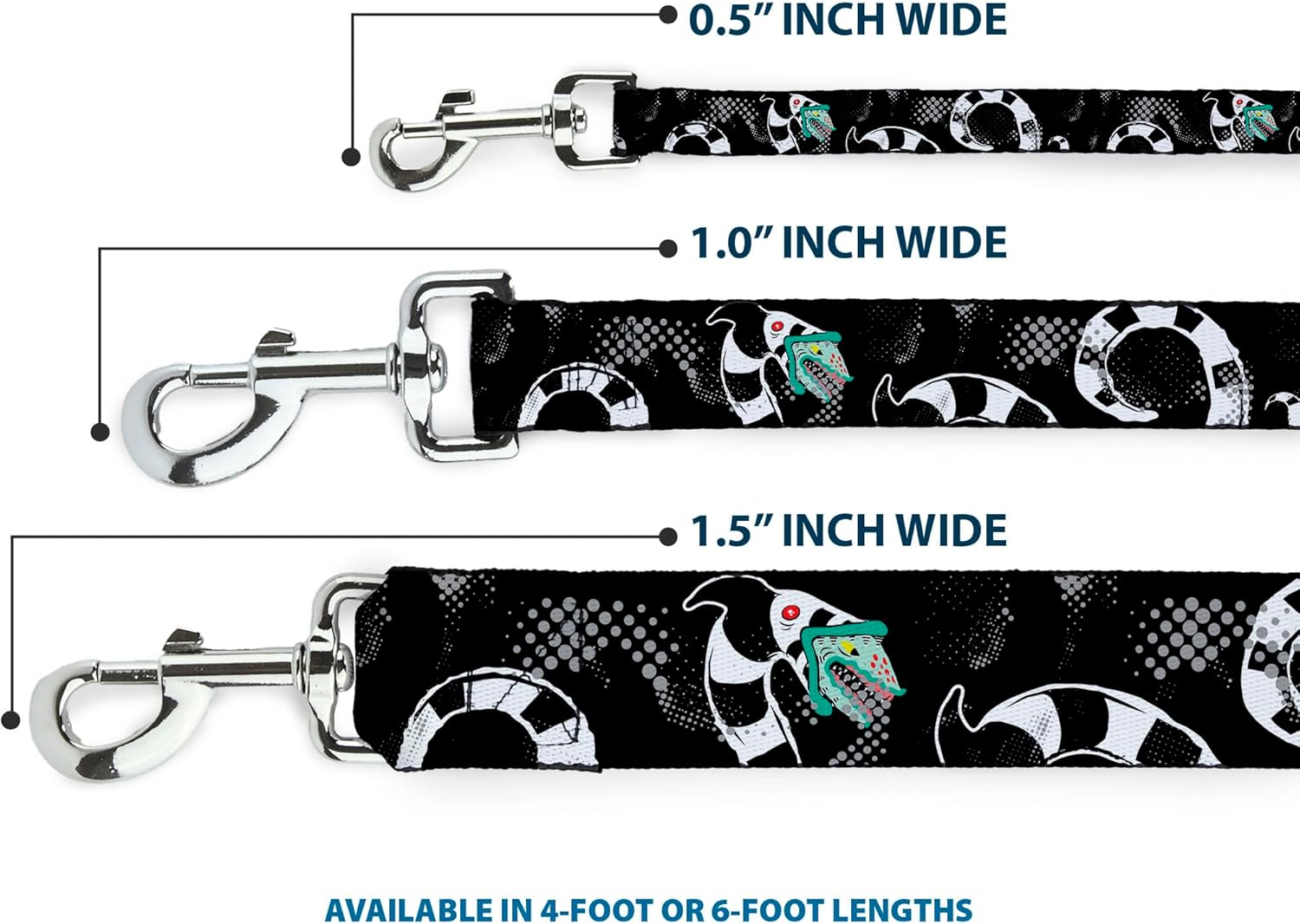 Warner Bros. Horror Movies Pet Leash, Dog Leash, Beetlejuice Sandworm Healftone Repeat Black Gray, 6 Feet Long 1.0 Inch Wide