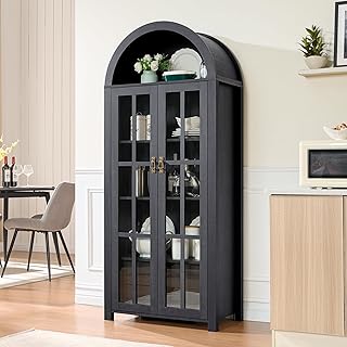 Okvnbjk 71" Tall Arched Kitchen Pantry with Glass Doors, 5 Tier Modern Bookshelf with 2 Drawers, Wooden Storage Cabinet with Doors & Shelves for Living & Dining Room, Bathroom, Laundry Room, Black