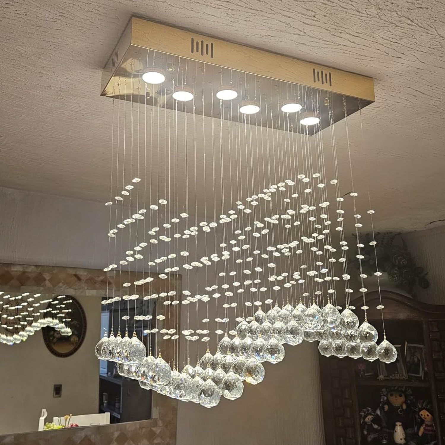 CRYSTOP Modern Gold Wave Rectangular Chandelier for Dining Room Over Table, 6-Lights Raindrop Elegant Ceiling Light Fixture for Kitchen Island, Funny Flush Mount Pendant Light for Kids/Girls Room