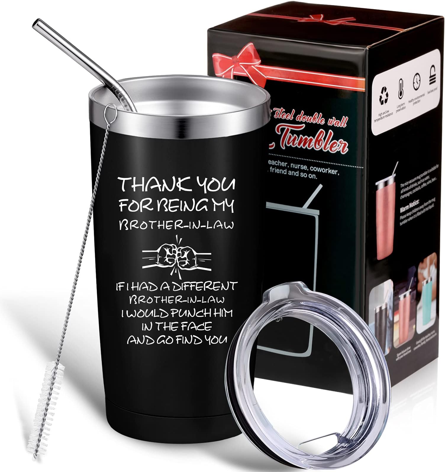 Brother in Law Gifts for Birthday Thank for Being My Brother-in-law Tumbler 20 Oz, Stainless Steel Vacuum Sealed, Brother-in-law Mug Tumbler with Lid Straw Brush and Gift Box for Christmas (Black)