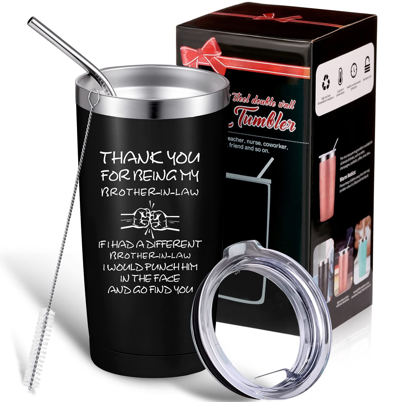 Brother in Law Gifts for Birthday Thank for Being My Brother-in-law Tumbler 20 Oz, Stainless Steel Vacuum Sealed, Brother-in-law Mug Tumbler with Lid Straw Brush and Gift Box for Christmas (Black)