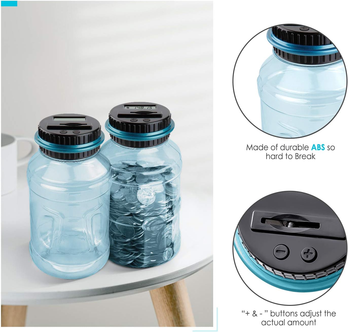 Large Piggy Bank for Kids Adults, Vcertcpl Digital Coin Counting Bank with LCD Counter, 1.8L Capacity Coin Bank Money Jar for Adults, Designed for All US Coins (Blue2)