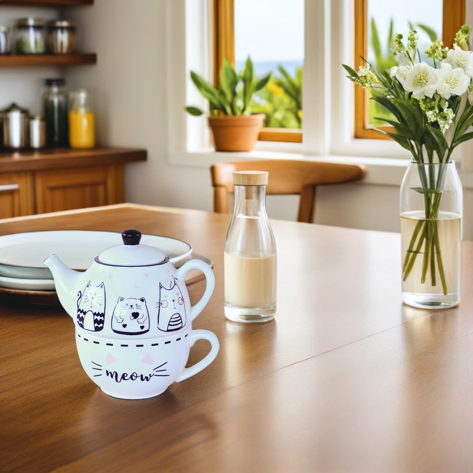 Didiseaon Juego de Té Diseño Original y Elegante de Cerámica Forma de Gato Blanco Tetera y Taza Decorativa para Uso Diario para Aficionados al Té