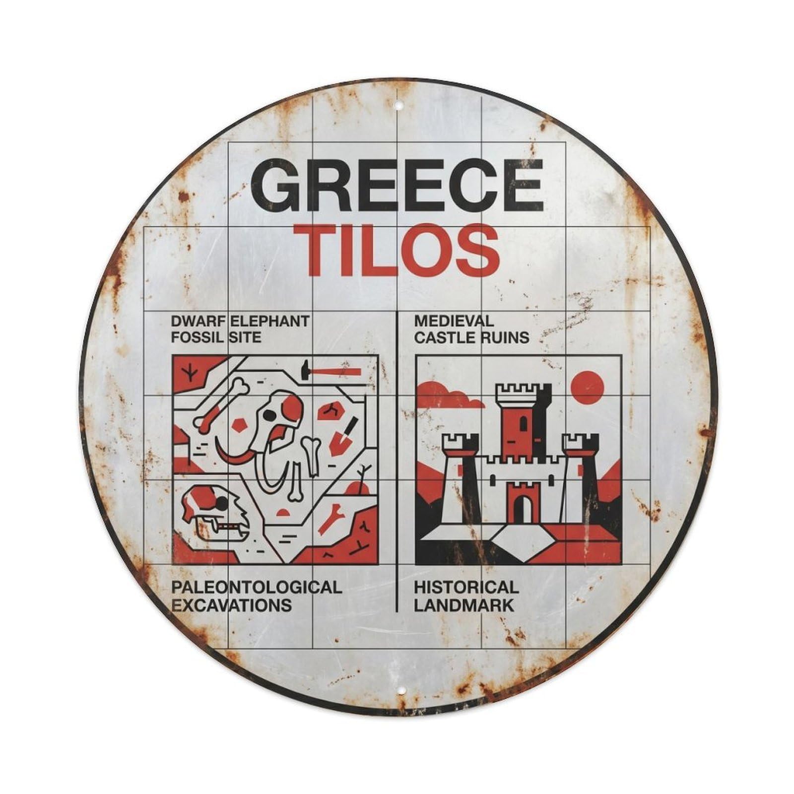 Tilos Elephants Greek Grid Style Island Nature Metal Tin Sign Plaque Wall Decor for Cafe, Man Cave, Club Bar, Office, Home Garden Round Metal Poster 8x8Inch