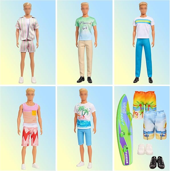 10 Puppenkleidung und Zubehör Kompatibel mit Ken, Sommer-Surfing-Set mit Surfbrett, 5 Sets Fashion Outfits, 2 Badehosen & 2 Paar Schuhe, Sommer-Geschenk für 12 Zoll Puppen - 2
