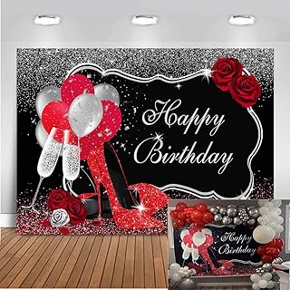 Mocsicka Glitter Red High Heels Happy Birthday Backdrop Black Silver Champagne Balloons Birthday Party Cake Table Photo Backdrops Sweet 16th 21st 30th 40th Bday Photography Background (7x5ft)