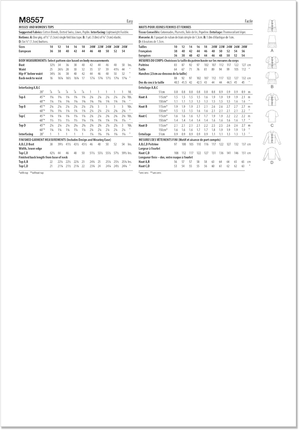 McCall's M8557AA Easy to Make Misses' Tops Sewing Pattern Packet, Design Code M8557, Sizes 10-12-14-16-18