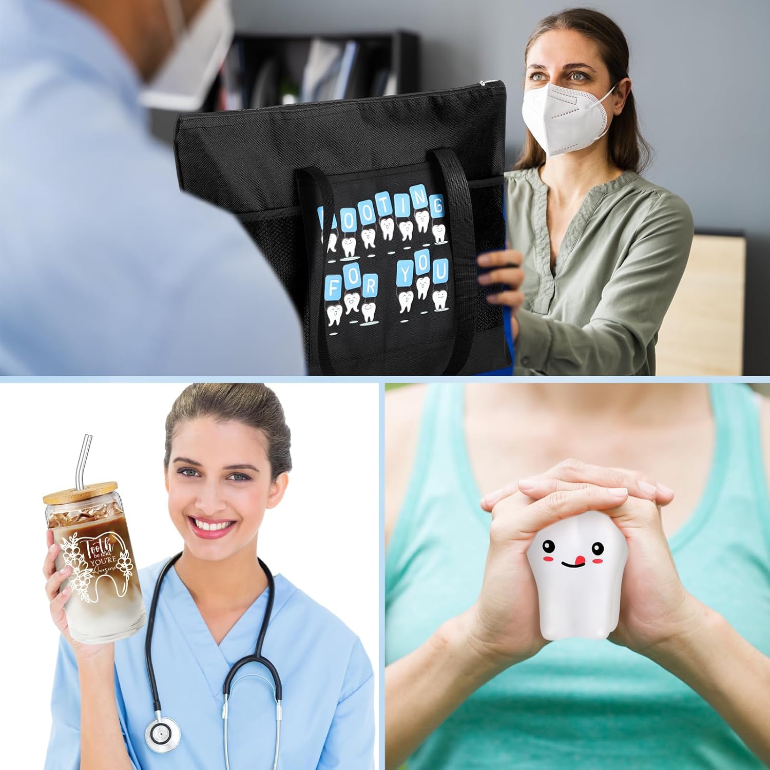 Sliner 3 Pcs Dental Assistant Appreciation Gifts for Dentist Inspirational Dentist Glass Cup Large Zipper Tote Bag Fake Teeth Toy Dental Health Month Gifts for Hygienist Medical Nurses Doctors - Image 6