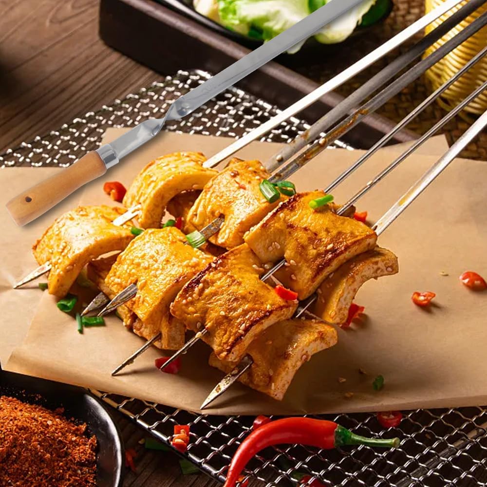 ZMC 20 spiedini per kebab da 55 cm, in acciaio inox, 2 cm di larghezza, 2 mm di spessore, con manico in legno, antiruggine, per carne, verdure, pesce, stabili e riutilizzabili per barbecue e barbecue