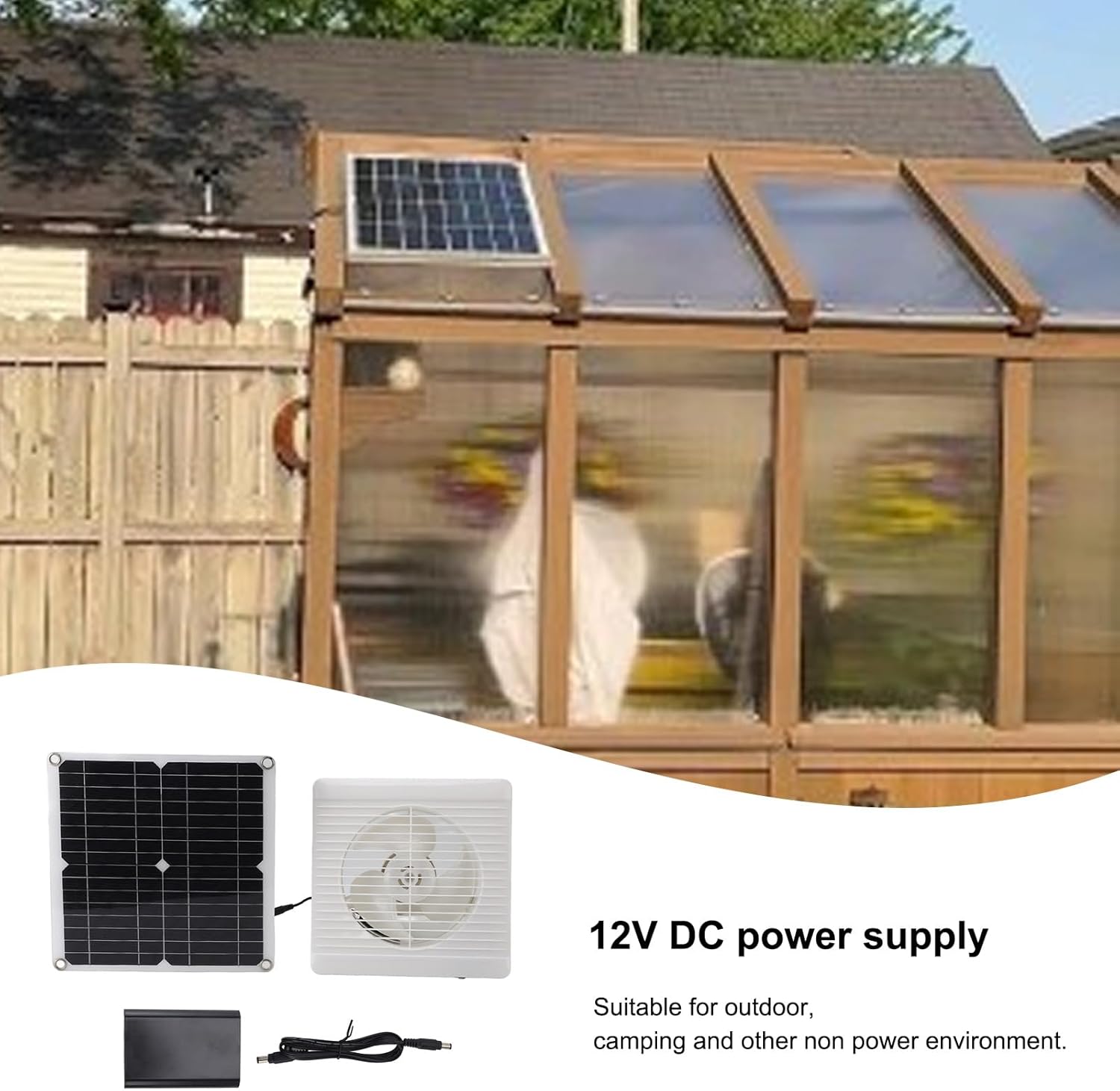 12W Solar Powered Fan Kit with Lithium Battery Exhaust Ventilation for Greenhouse Chicken Coop Shed Outdoor Camping