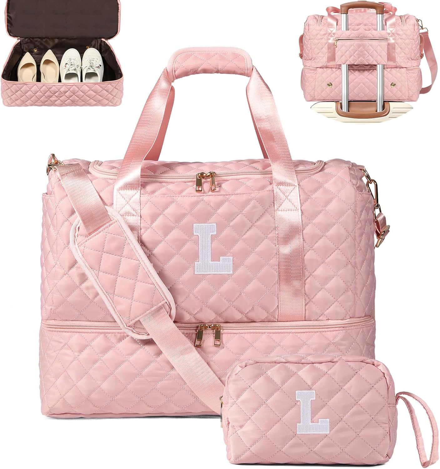 Personalized Initial Travel Bag, Quilted Duffle Bag, Weekender Bag for Women with Cosmetic Bag, Gym Bag with Shoe Compartment, Carry on Overnight Bag, Hospital Bag for Labor Delivery (Pink, L)
