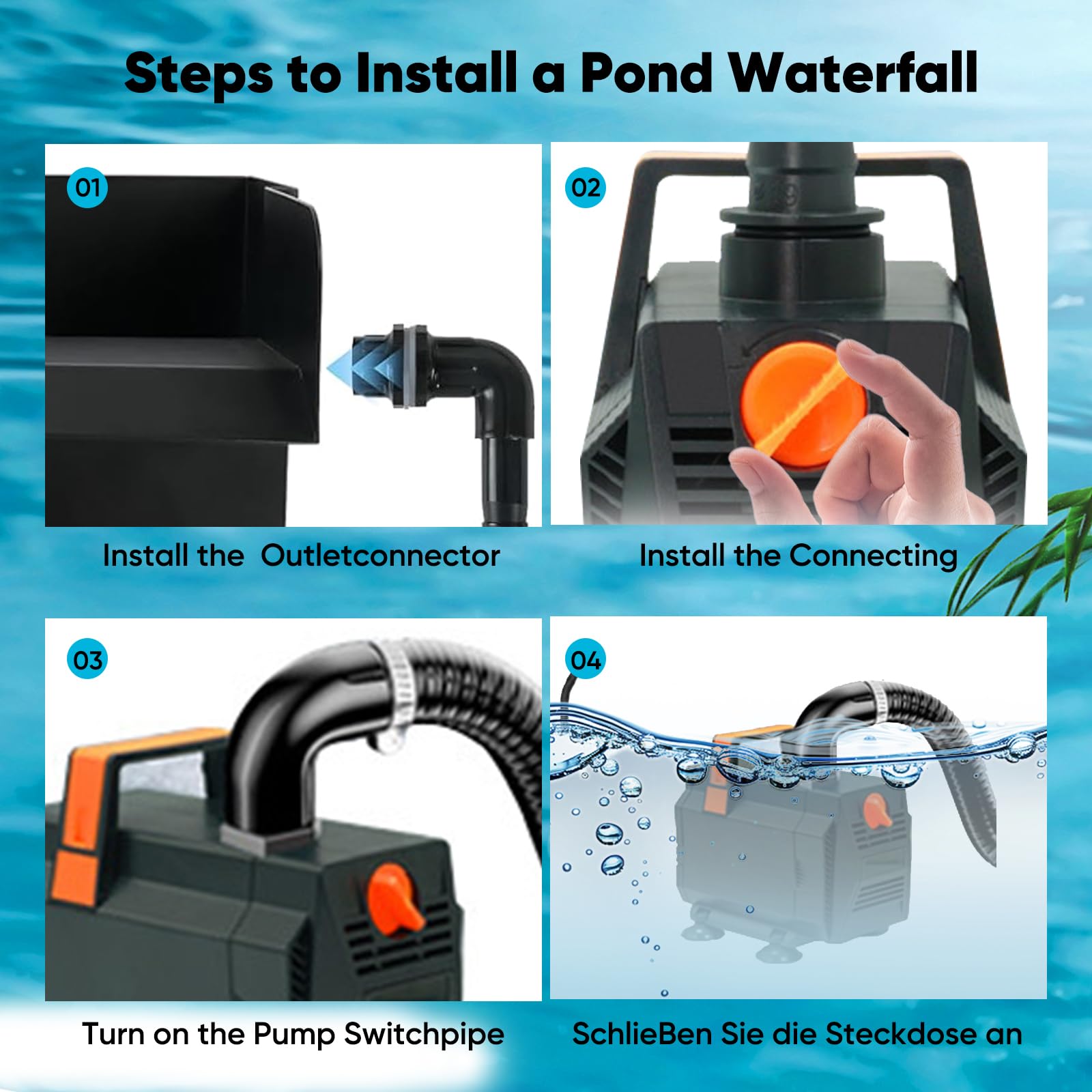 Cascada Estanque Jardin, 30CM Cascada de Estanque de Acero Inoxidable 304, Bomba Estanque con Bomba de 35W con Tubo Corrugado de 3M para Estanques, para Juego de Agua, Patio, Terraza, Pared De