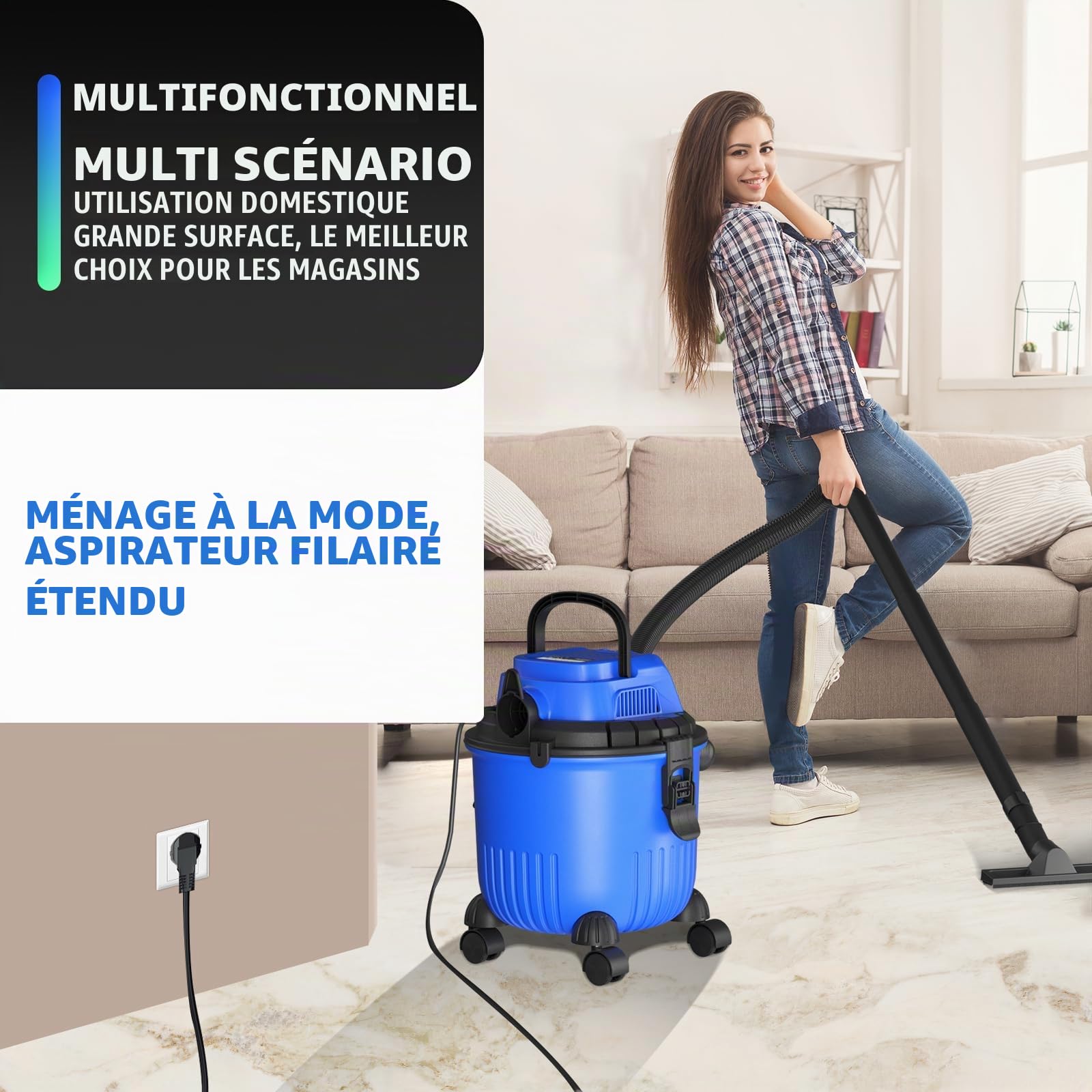 Aspirateur sec et humide 3-en-1, aspirateur industriel avec moteur puissant de 2000W, fonction de soufflage, réservoir de 15L, filtres HEPA lavables, pour la maison, l'atelier et l'usage professionnel