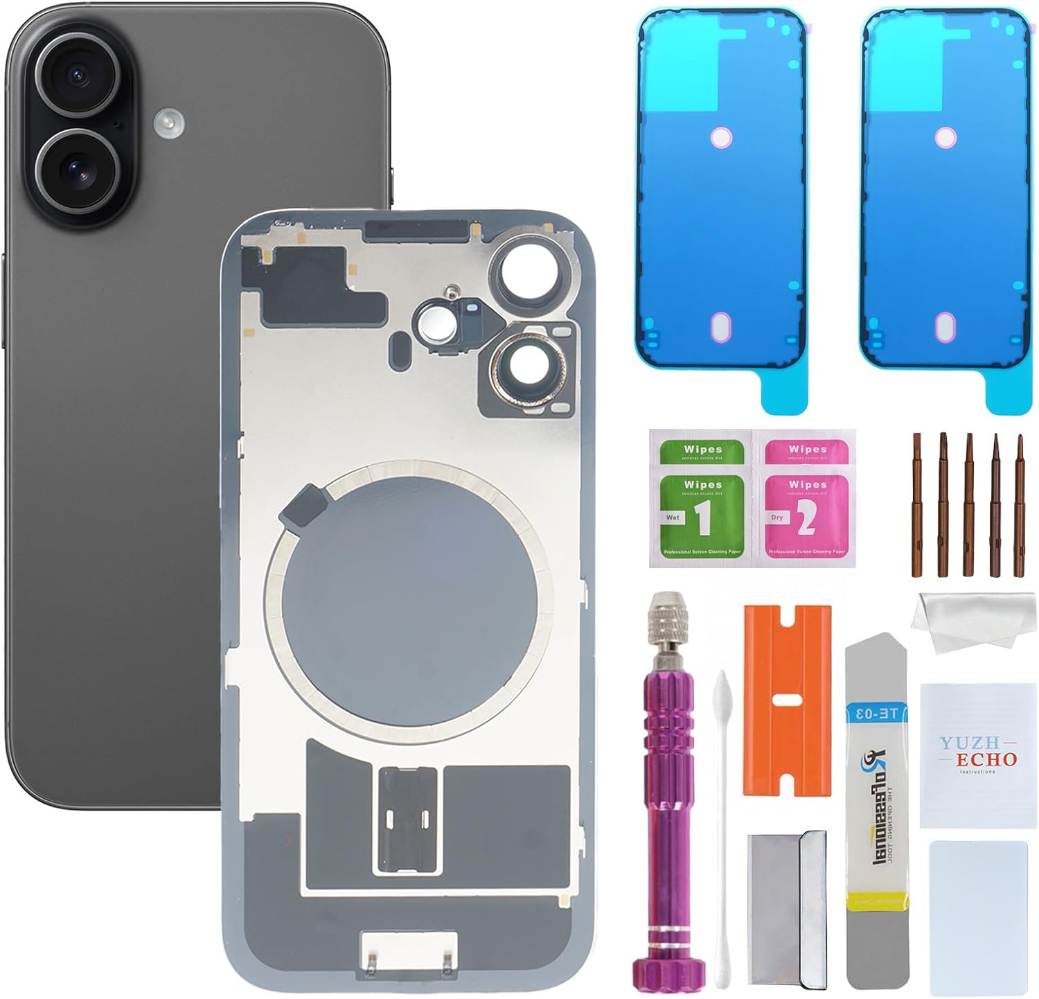 Back Glass Replacement for iPhone 17(6.3 inches,Black) Integrated Glass & Magnet & Metal Phase Ring Repair Tools are Included