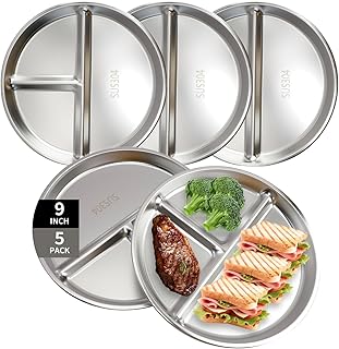 5 Stück 304 Edelstahl Teller mit Unterteilung, 23cm Metall Teller Set Portionskontrollteller für Kinder Erwachsene Unbreakable Edelstahlteller Runden Geschirr Camping Metallteller für Küche