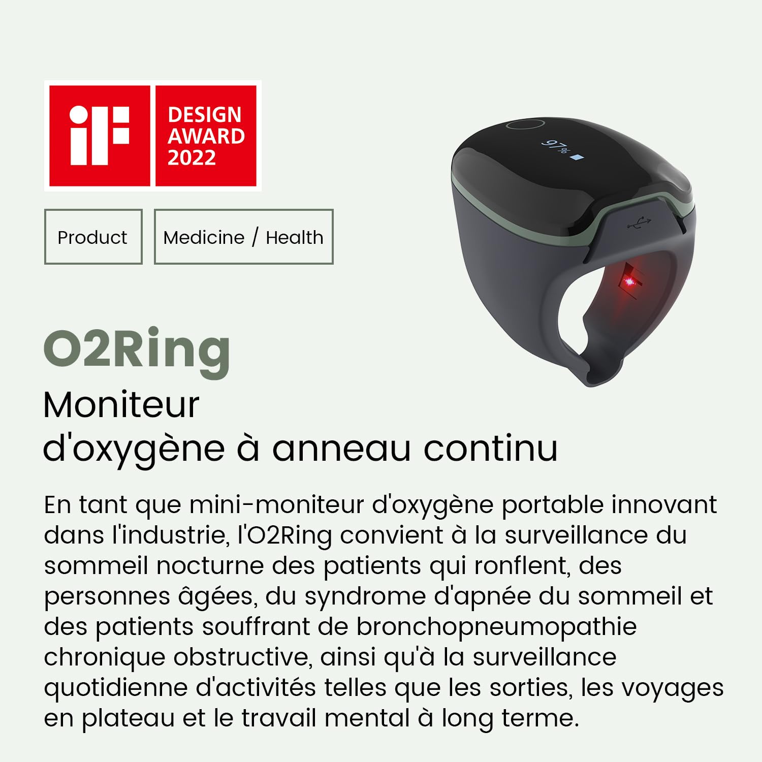 ViATOM O2ring oxymètre Bluetooth, oxymètre de pouls au bout des doigts pour une surveillance continue la nuit, oxymètre de sommeil pour mesurer la SpO2 & la fréquence cardiaque (vert)