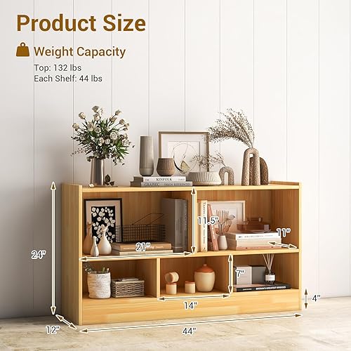 Miniatura 10 de LOKO Estantería de 2 niveles y 5 cubos, gabinete de almacenamiento abierto, estante de madera para exhibición, estantería multiusos para sala de