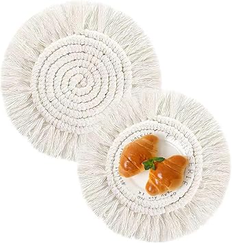 2 pcs Pot Holder Macrame Handmade Cotton Woven Boho Placemats Tassels Table Mats Coaster Hot Dishes Round Braided Placemats for Desk Table Kitchen Dining Room Drink 7inch Small Beige
