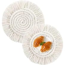 2 pcs Pot Holder Macrame Handmade Cotton Woven Boho Placemats Tassels Table Mats Coaster Hot Dishes Round Braided Placemats for Desk Table Kitchen Dining Room Drink 7inch Small Beige
